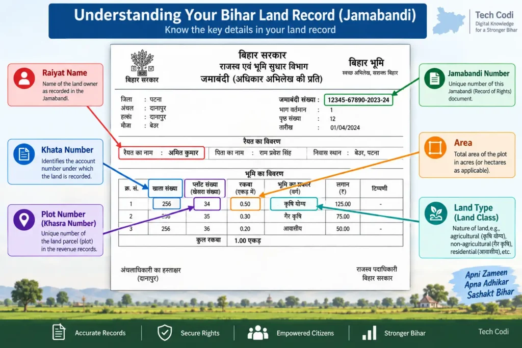 Bihar land records showing khata plot raiyat and jamabandi details
