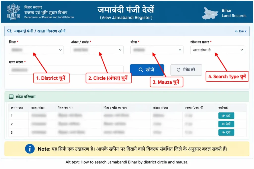 How to search Jamabandi Bihar by district circle and mauza